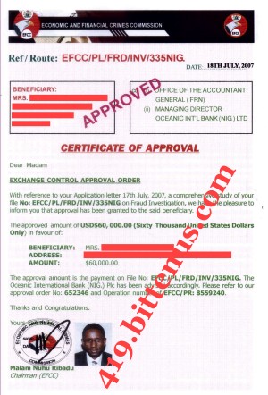 CERTIFICATE OF APPROVAL  EFCC